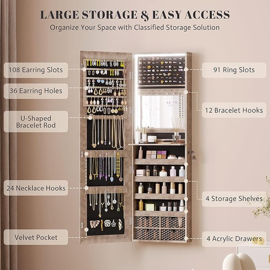 Vlsrka 47.2 Inch Full Length Mirror with Storage, Wall Mount Mirror Jewelry Cabinet, Over The Door Hanging Jewelry Armoire Organizer, Built-in Light, 4 Drawers, 5 Shelves, Christmas Gift (Wood)
