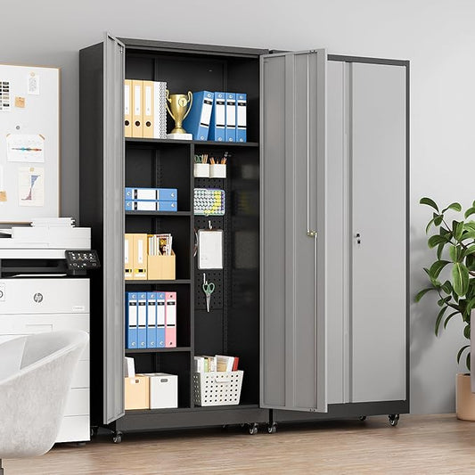 Metal Garage Storage Cabinet with Locking Doors and Adjustable Shelves, Rolling Tool Storage on Wheels - Black Gray