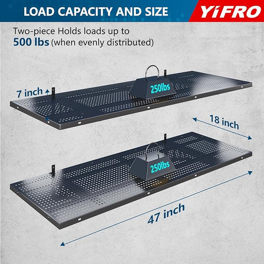 2-Pack 1.5x4ft Heavy Duty Garage Wall Shelving, 500 lbs Load Capacity, Garage Shelving Wall Mounted, Garage Storage Rack with Hooks, Black