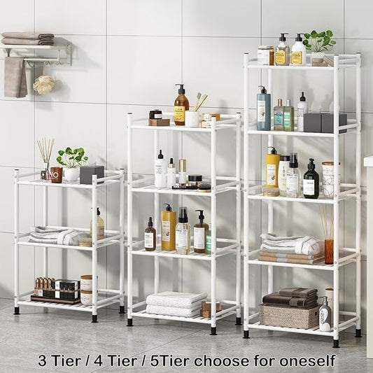 5 Tier Bathroom Storage Open Shelf Unit, Free-Standing Metal Corner Rack Shelving for Kitchen, Living Room, Hallway (White, Wider 5 Tier)