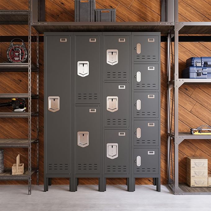 Metal Storage Locker with Lock & Card Slot Locker - Secure Lockable Door - Steel Locker for School, Office, Gym, Home - 66.15" H x 11.8" W x 11.8" D(5 Door, Grey)