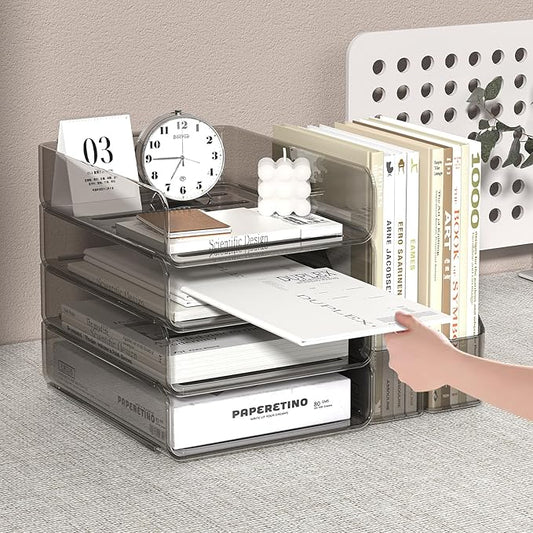 Clear Paper Organizer with Movable Bookends, Brown Acrylic Stackable Paper Tray for Desk, 4-Tier Letter Tray Organizer Office Supplies