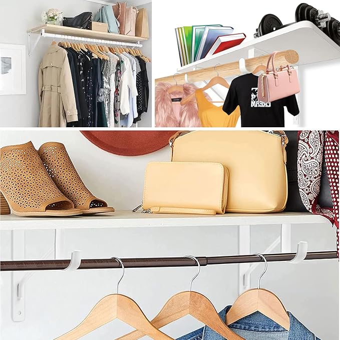 4 Pack Heavy Duty Closet Rod Brackets Holder 11 x 11 x 1 Inch White Closet Rod Support Bracket Black Steel Closet Rod Holders for Hanging Clothes Rod Support Brackets (White - 4Pack)