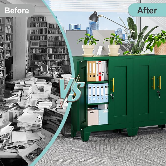 35.43" Lockable Metal Storage Cabinet, Steel Locker File Cabinet with 2 Doors & 2 Adjustable Shelves, Multi-Purpose Organizer for Home, Office File Storage & Garage Locker (Green)