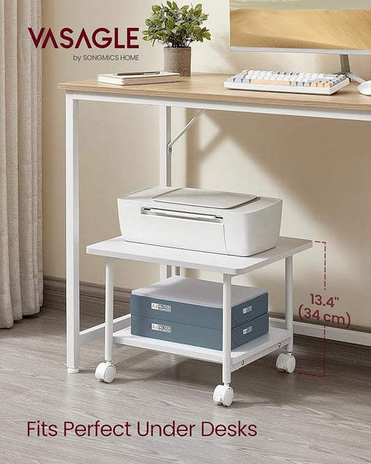 VASAGLE Printer Stand with Locking Wheels, 2-Tier Shelf, Industrial Under Desk Heavy-Duty Mobile Cart for Home Office, White UOPS002W01