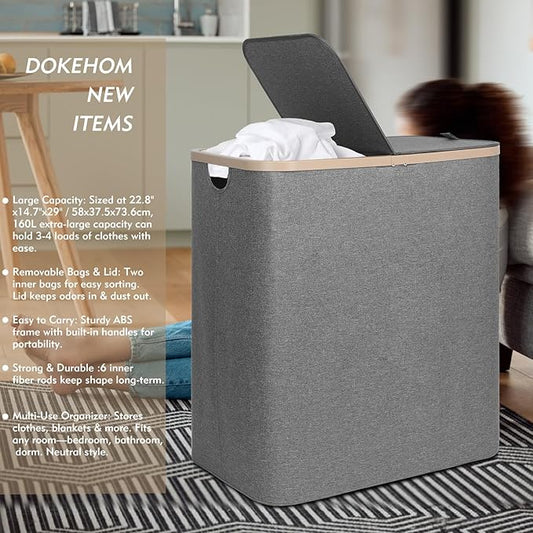 DOKEHOM 160L Double Laundry Basket with Removable Lid and Laundry Bags, Large Collapsible Laundry Hamper with 2 Sections (Dark Grey)