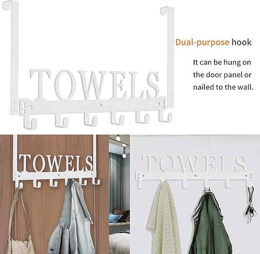 Over The Door Rack, Towel Hooks for Bathroom, Bath Towel Holder Door Mount Metal Towel Hanger for Bedroom Kitchen Pool Beach Towels Bathrobe Wall Mount Towel Rack for Bathrooms (6 Hooks, White)