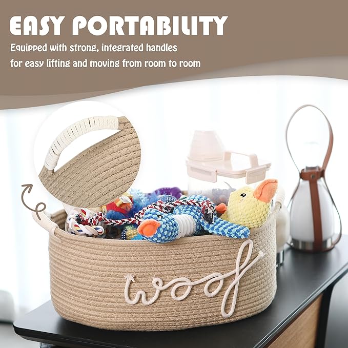 Sea Team Dog Toy Storage Basket with Handles, 16.5 x 11 x 7 Inches, 4.4 Gallons Large Cotton Rope Storage Bin, Shelf Basket, Organizer for Pet Chew Toys, Foods, Beige Woof