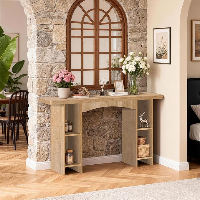 55 Inch Entryway Table Single-Shelf Cabinet, 1.6 Inch Thick Desktop Wooden Console Table with Socket Farmhouse Sofa Table for Entrance, Hallway, Living Room,Behind Couch(Oak Brown)