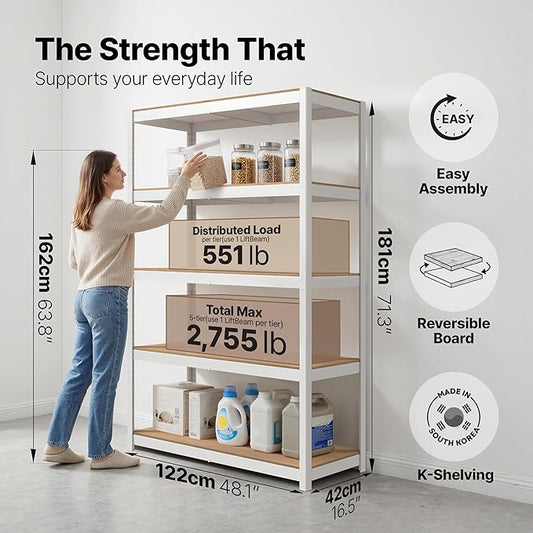 HOMEDANT House 5 Tier Heavy Duty Garage Shelving Adjustable Metal Rack Storage Shelves Standing Shelf Unit Organizers Pantry Closet Office (1, White, 48.1" W x 16.5" D)