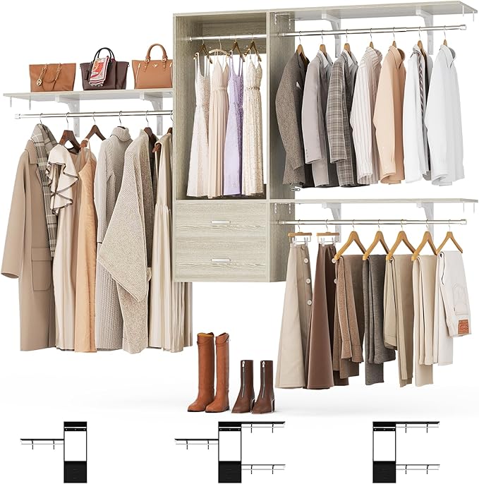 Cyclysio 8 FT Hanging Closet Organizer System, 96 Inch Closet System with Drawers, Walk in Closet System with 4 Adjustable Rods and 3 Shelving Towers for 4-8FT Spaces(Cut-to-Fit), Oak