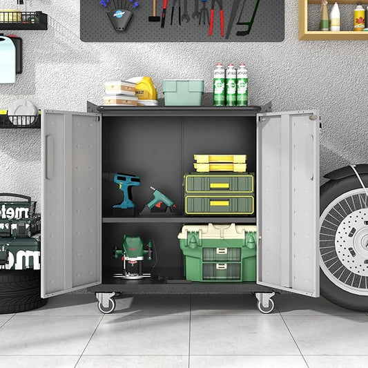 Metal Storage Cabinet with Wheels, Rolling Tool Cabinet with Doors and Shelves, Lockable Garage Storage Cabinet, Assembly Required (Black & Grey)