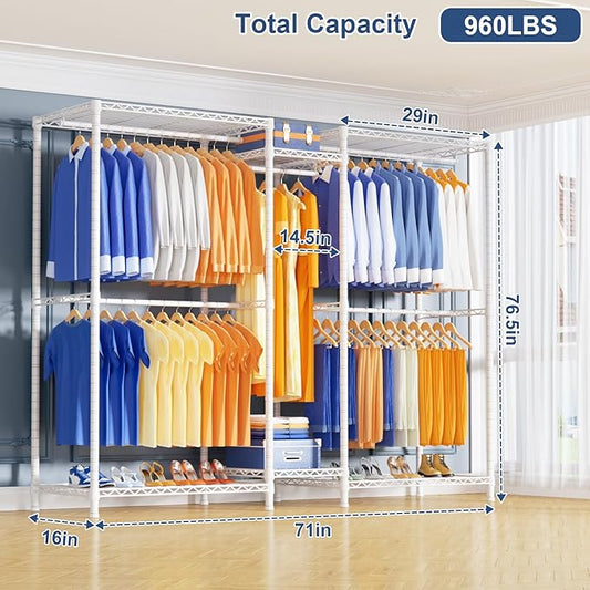 Ulif E12 Clothes Rack,Heavy Duty Freestanding Garment Rack with Shelves,Metal Clothing Closet Storage System for Hanging Clothes,71" W x 16" D x 76.5" H, Hold 960 lbs,White