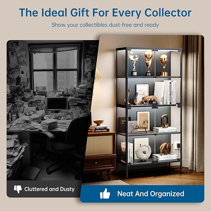 65" Glass Display Cabinet with 3-Color LED Light, Display Case with 4 Tempered Glass Doors and Shelves, Metal Frame Curio Storage Cabinet for Collectibles, Figures, Awards, Book, Toy (Black)