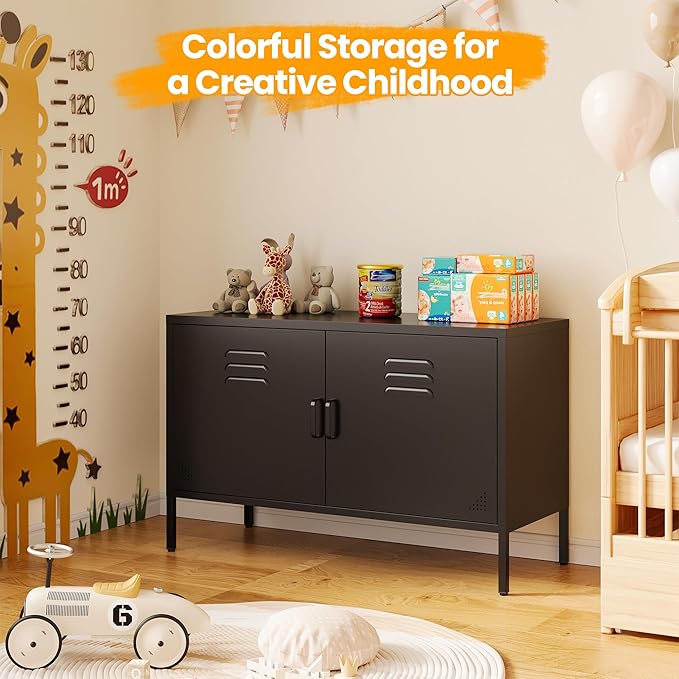 Metal Storage Cabinet with 2 Doors and Adjustable Shelves, Wide Metal Locker, Low Storage Cabinet, Accent Cabinet, TV Stand, Media Cabinet for Home, Office, Living Room, Kitchen, Music Studio, Black