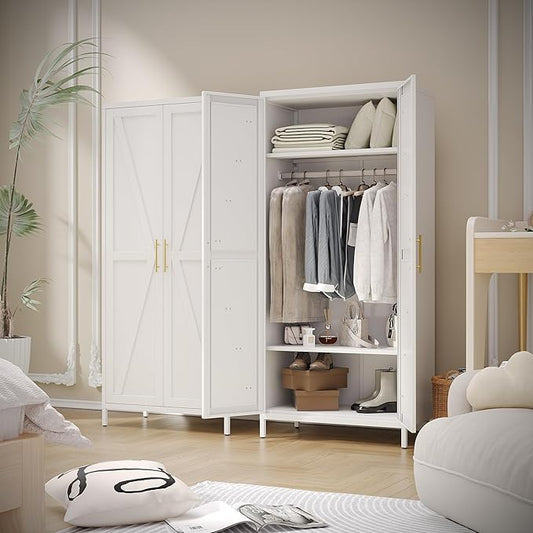 Aobabo 2 Door Metal Wardrobe Cabinet with Hanging Rod, Metal Wardrobe Closet with 2 Adjustable Shelves, Storage Lockers for Home,Office,Installation Required, White