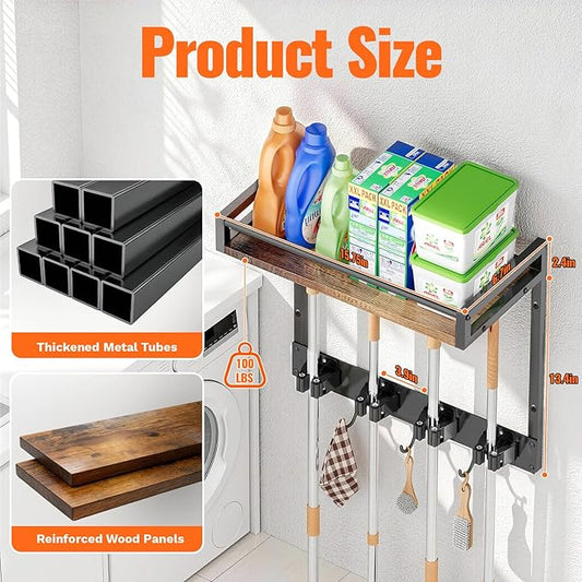 Broom Holder Wall Mount with Shelf Load 66LBS Broom and Mop Organizer Wall Hanging Broom Hanger with 4 Mop Hanger Grippers, 3 Hooks for Laundry Room, Garage, Utility Closet, Kitchen, 2 Packs