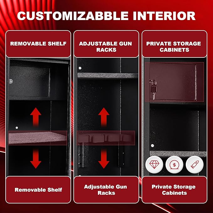 8-12 Gun Cabinet, Gun Safe for Rifles and Pistols, Electronic Rifle Safes for Home, Long Gun Cabinet for Shotgun, Large Gun Locker with Adjustable Shelf, Dual Alarm & Mute System, Quick Access