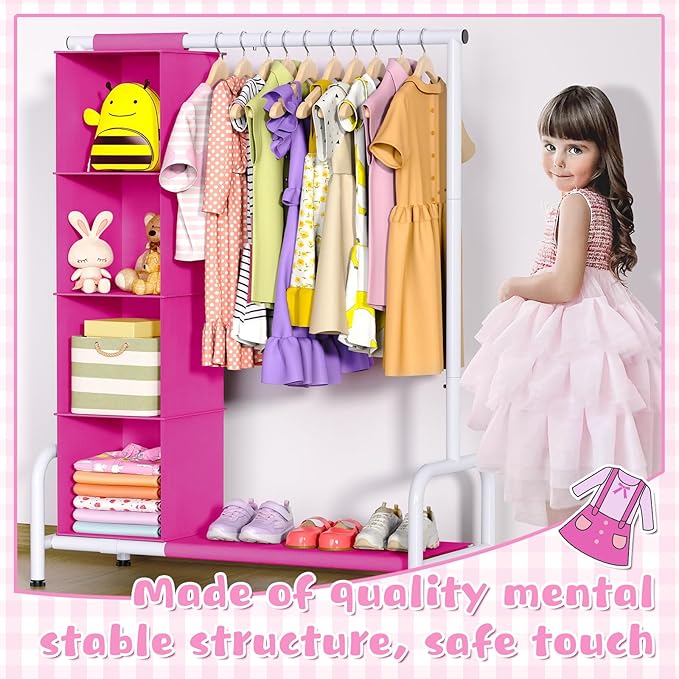 Univivi Kids Clothing Rack with Hanging Organizer, Short Toddler Dress Up Storage Rack for Hanging Clothes, Kids Wardrobe Closet for Baby Clothes, Dance Costumes, Rose Red/White