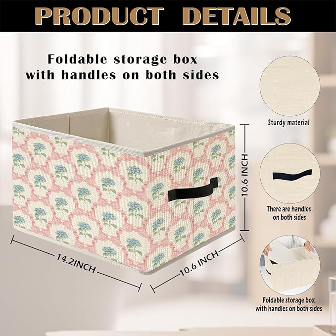 Coquette Pink Bow Blue Hydrangea Floral Storage Bin Box with Handles, Preppy Grandmillennial Hydrangea Flower Foldable Organizer Basket Toybox for Girls Dorm Bedroom Bathroom Clothes Toys Books