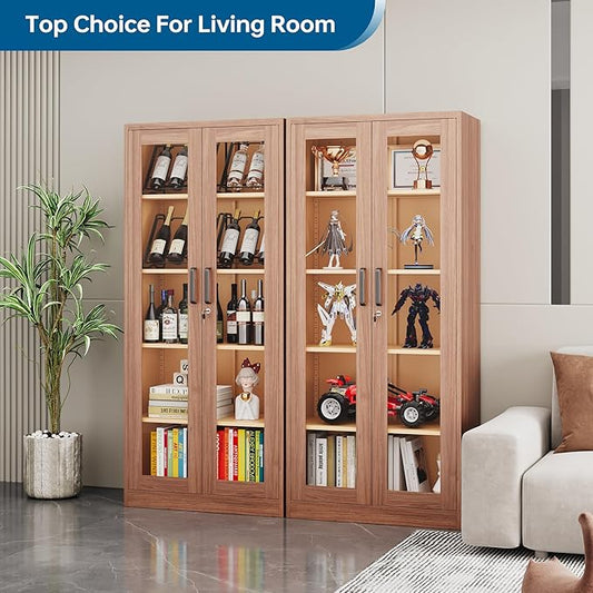 Display Cabinet with Glass Doors, 71 Inches Metal Display Case with 4 Adjustable Shelves, Curio Storage Cabinet with Lock for Home, Office, Book, Pantry, Assemble Required (Wood Color)