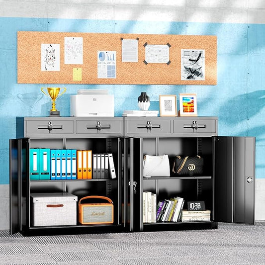 INTERGREAT Metal Garage Storage Cabinets with Lock,Steel Storage Cabinet with 2 Doors and 2 Adjustable Shelves, Small Lockable Office Steel Cabinet for Home, Warehouse, School(Black)