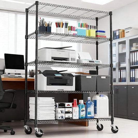1750LBS 47.2" W 5 Tiers Storage Shelves Metal Shelving Unit with Wheels Heavy Duty Garage Shelving Adjustable Wire Shelves for Pantry,Kitchen,Garage,Basement,Black 17.7" D x 47.2" W x 76.8" H