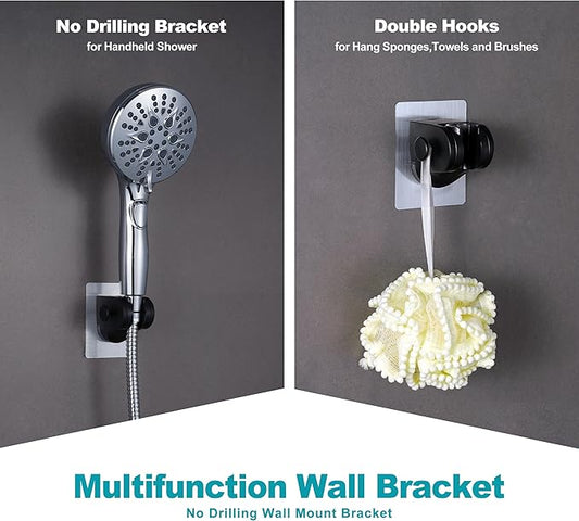 Handheld Shower Head Holder with 2 Hanger Hooks,Strong Adhesive&Waterproof No Drilling Wall Mount Shower Bracket for RV and Kids&Elders,Install Any Height&Fix Firmly,Black