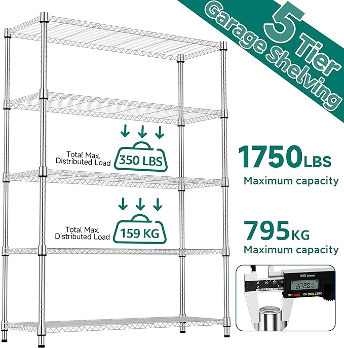 1750LBS 47.2" W 5 Tiers Shelf Steel Storage Shelves Metal Shelving Unit Steel Organizer Wire Rack for Home,Kitchen,Office,Garage Chrome 17.7" D x 47.2" W x 72.4" H