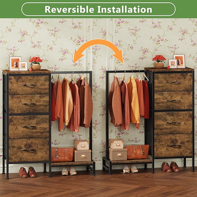 Dresser with Hanging Rack, 4 Drawers Small Closet for Bedroom, Reversible Fabric Kids Chest of Drawers with Clothes Rack, Tall Storage Tower, Sturdy Frame, Rustic Brown, 44''H