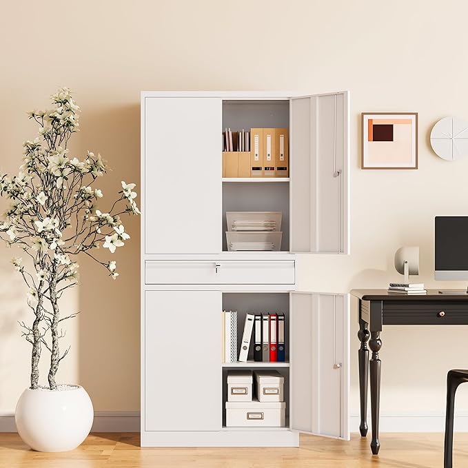 Metal Garage Storage Cabinet, 71" Lockable Storage Cabinet with 2 Adjustable Shelves and 1 Drawer for Garage, Utility Room, Warehouse (White)