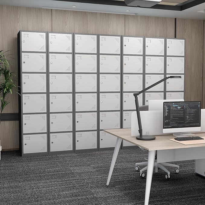 Metal Locker Cabinet with 6 Doors, 71" Storage for Employees, 6 Tier Steel Locker with Lock and Keys for School, Gym, Home, Office Staff (Grey White)