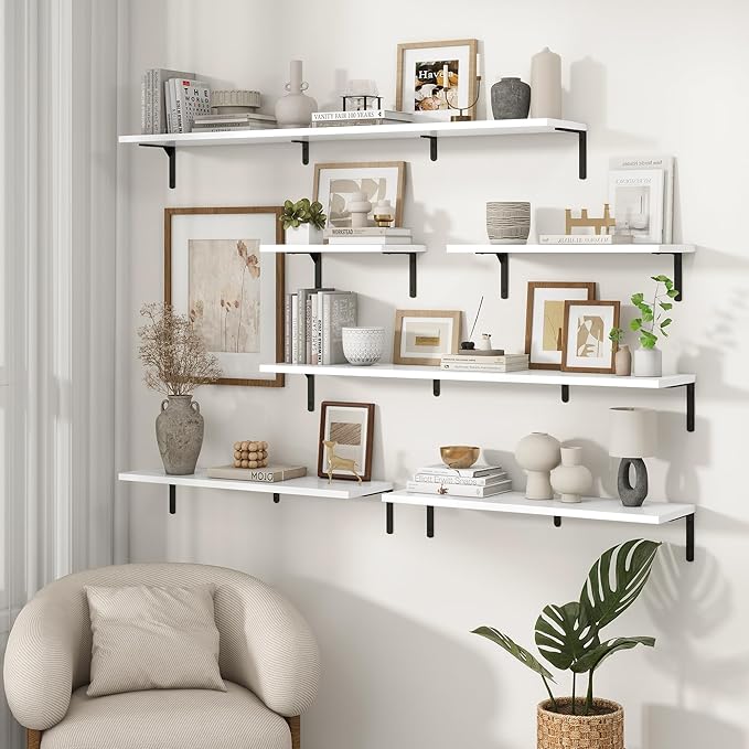 Fun Memories Deep Floating Shelves, 36W x 8D Floating Shelves Set of 2, Wall Mounted Shelf with Metal Brackets, Rustic Wood Wall Shelf for Bathroom, Kitchen and Living Room, White