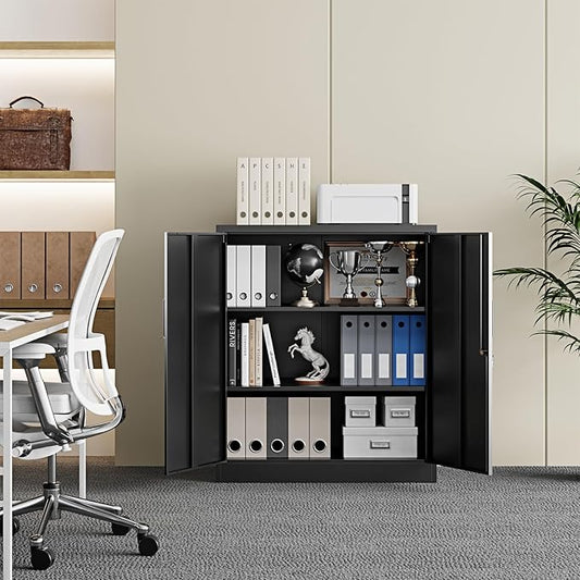Yizosh Metal Garage Storage Cabinet with 2 Doors and 2 Adjustable Shelves - 35.5" Steel Lockable File Counter Cabinet for Home Office,Garage,Gym,School(Black)