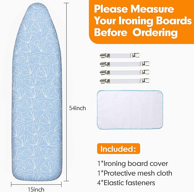 Ironing Board Cover and Pad, 15x54 Standard Size Thick Iron Padding, Scorch & Stain Resistant Ironing board cover, Heavy Duty Iron Board Padded with Adjustable Fasteners Durable Elastic Edge, Sky Blue