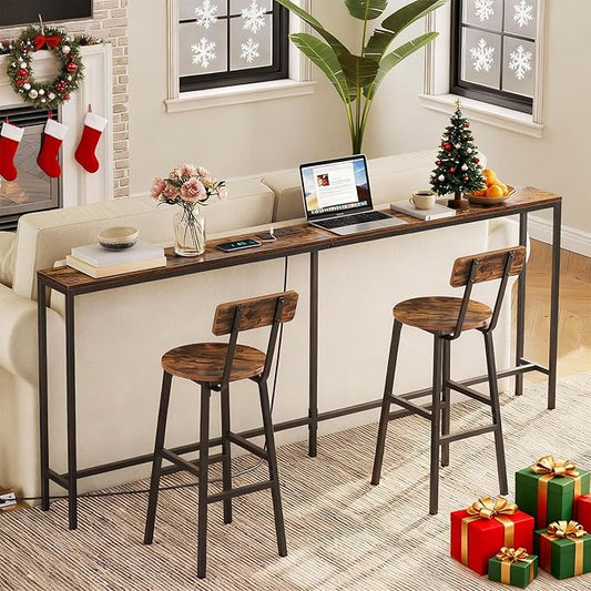 78.7" Console Table with Power Outlet, Narrow Sofa Table, Industrial Entryway Table with USB Ports, Behind Couch for Entryway, Hallway, Foyer, Living Room, Rustic Brown CTHR20E01