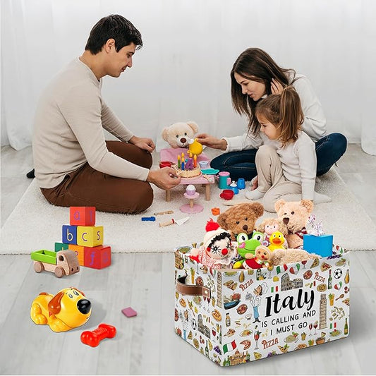 Italy Rectangle Storage Basket - Italy Themed Collection Collapsible Storage Baskets with Handles - Italian Toy Bin - Italian Souvenirs Storages Bin for Kids Clothes, Gifts, Books