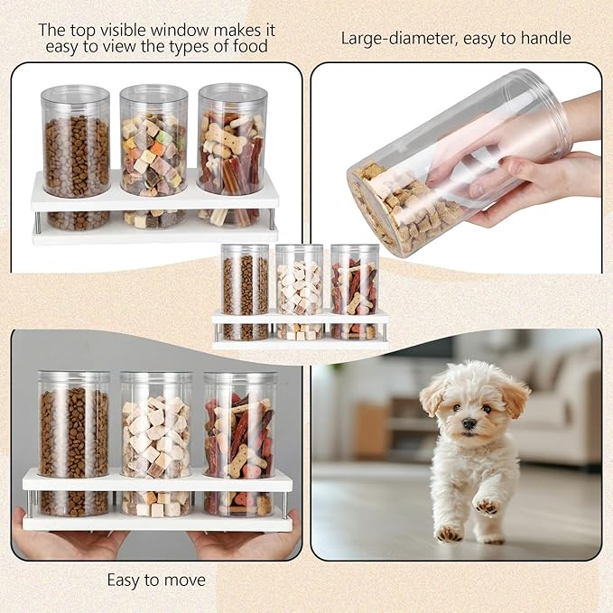 Suclain Dog Treat Container Set for Countertop Includes 3 Plastic Treat Jars, 1 Food Storage Tray with Sticker and Pen Farmhouse Pet Food Storage Organizer Gift for Pet Dog Owners