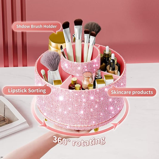 Bling Diamond Makeup Brush Holder, 360° Rotating Makeup Organizer, 5 Slot Make up Brushes Cup for Countertop, Storage for Cosmetics Pen Eyeliner Skincare on the Vanity (Diamond Pink)