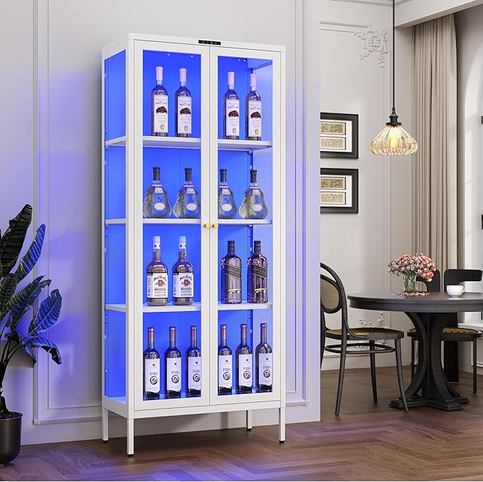 Glass Display Cabinet with Glass Doors, Metal Curio Cabinet with 8-Color LED Lights, 66 Inch Tall Display Case for Collectibles, White Glass Cabinet for Living Room, Assembly Required