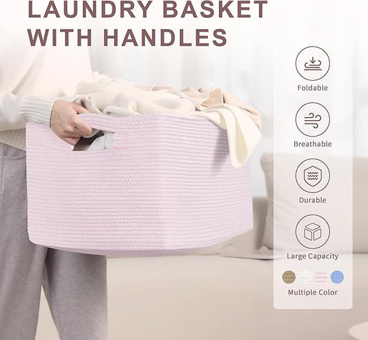 72L Large Baby Girls Laundry Basket for Nursery Storage,Cute Woven cotton Rope Baskets for Kids Toy,Gifts, Boho Square Wicker Blanket hamper for Living Room,Bedroom Dirty Clothes,Pink