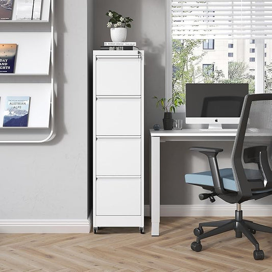 4 Drawer Mobile File Cabinet, Metal Filing Cabinet with Lock and Wheels, Home Office Rolling File Cabinets for Legal/Letter Hanging File Folders, Un-Assembled (White)