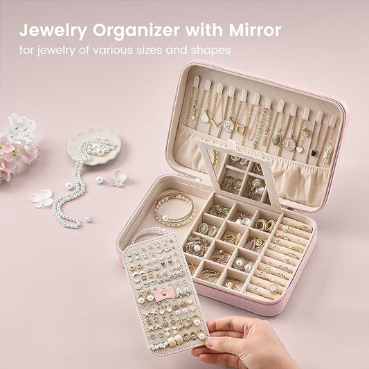 Lolalet Travel Jewelry Case for Women Girls, Travel Jewelry Organizer Box with Mirror & Clear Storage Bag, Small Portable Earring Necklace Bracelet Ring Case, Birthday Valentine Gifts -Large, Pink