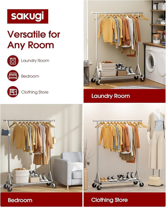 Stainless Steel Rolling Clothes Rack with Mesh Shelf, Lockable Wheels & Anti-Slip Stoppers, Freestanding Clothing Organizer for Bedroom, Laundry Room, 42.5" x 16.5" x 65.9", Silver