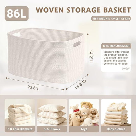 86L Large Baby Girls Laundry Basket for Nursery Storage,Cute Woven cotton Rope Baskets for Kids Toy,Gifts, Boho Square Wicker Blanket hamper for Living Room,Bedroom Dirty Clothes, White