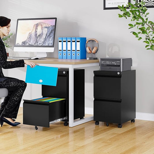 SISESOL 2 Drawer File Cabinet on Wheels,Metal Filing Cabinet with Lock,Black Rolling File Cabinets with Casters,Under Desk Office Cabinets for Home Office,Fit A4/Letter/Legal,Easy Assembly