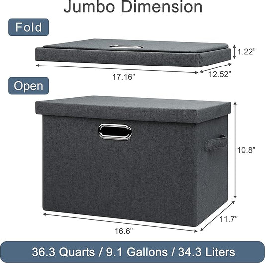 Large 17" 36 Quart Collapsible Stackable Storage Bins with Lids, 5 Packs Dark Gray Foldable Fabric Closet Storage Boxes with Lids Heavy-duty Linen Cube Baskets(17 x 12 x 11)