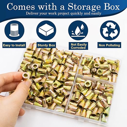160Pcs M5 Rivet Nuts, Metric Zinc Plated Finish Carbon Steel Flat Head Threaded Insert Nutsert Kit