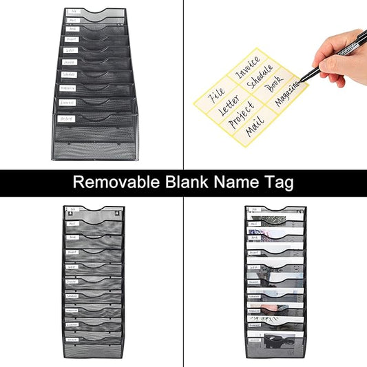 PAG Hanging Wall File Holder Organizer Mail Sorter Literature Rack for Office, 10 Pockets, Black