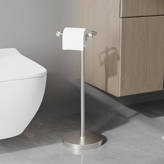 Toilet Paper Holder Stand, Post Pivoting Design Free Standing Toilet Paper Holder, SUS304 Stainless Steel Toilet Paper Roll Holder, Heavy Stable Base (Brushed Nickel)